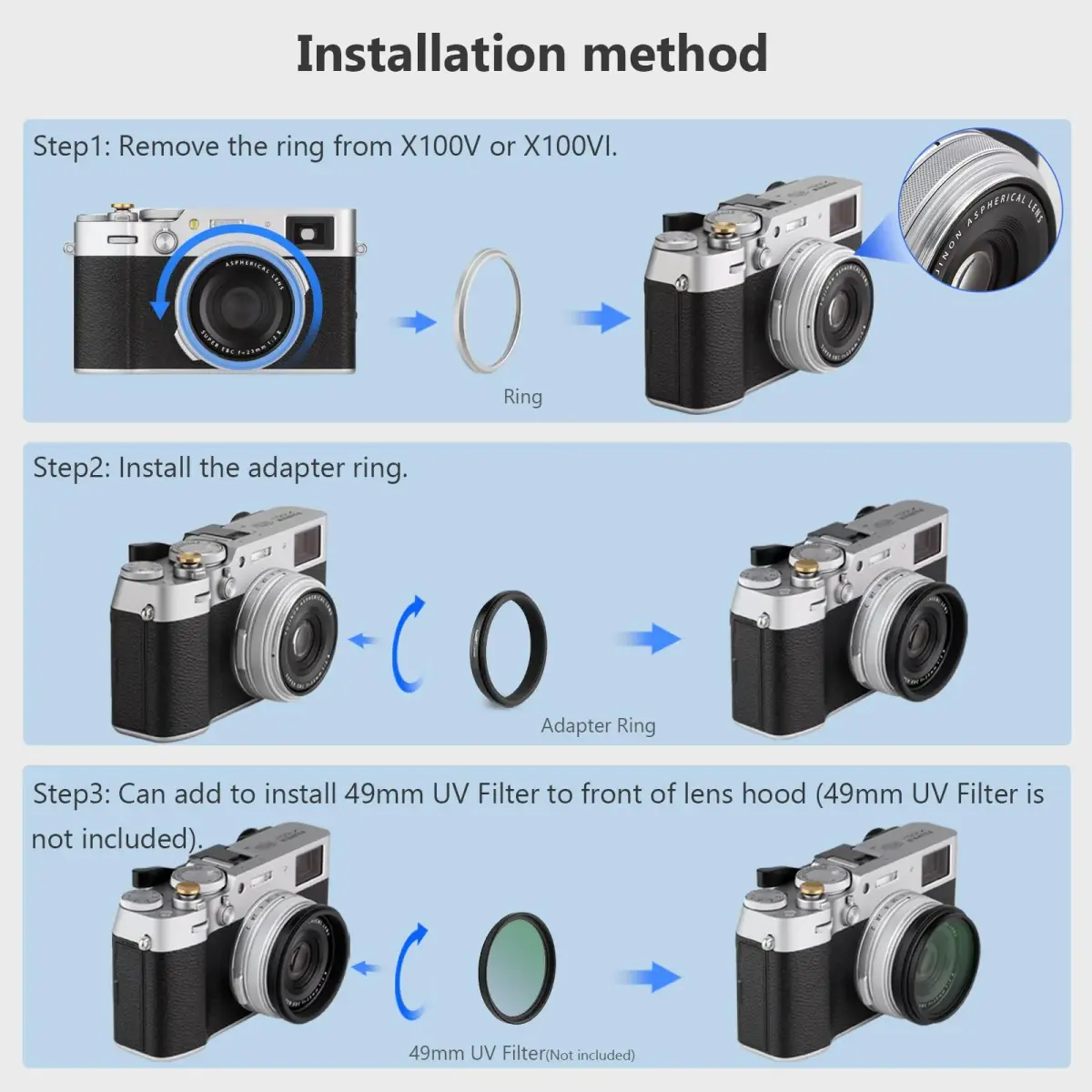 Haoge Black Camera Lens Filter Adapter Ring for Fujifilm X100V X100VI with 49mm Filter Mount - view 8