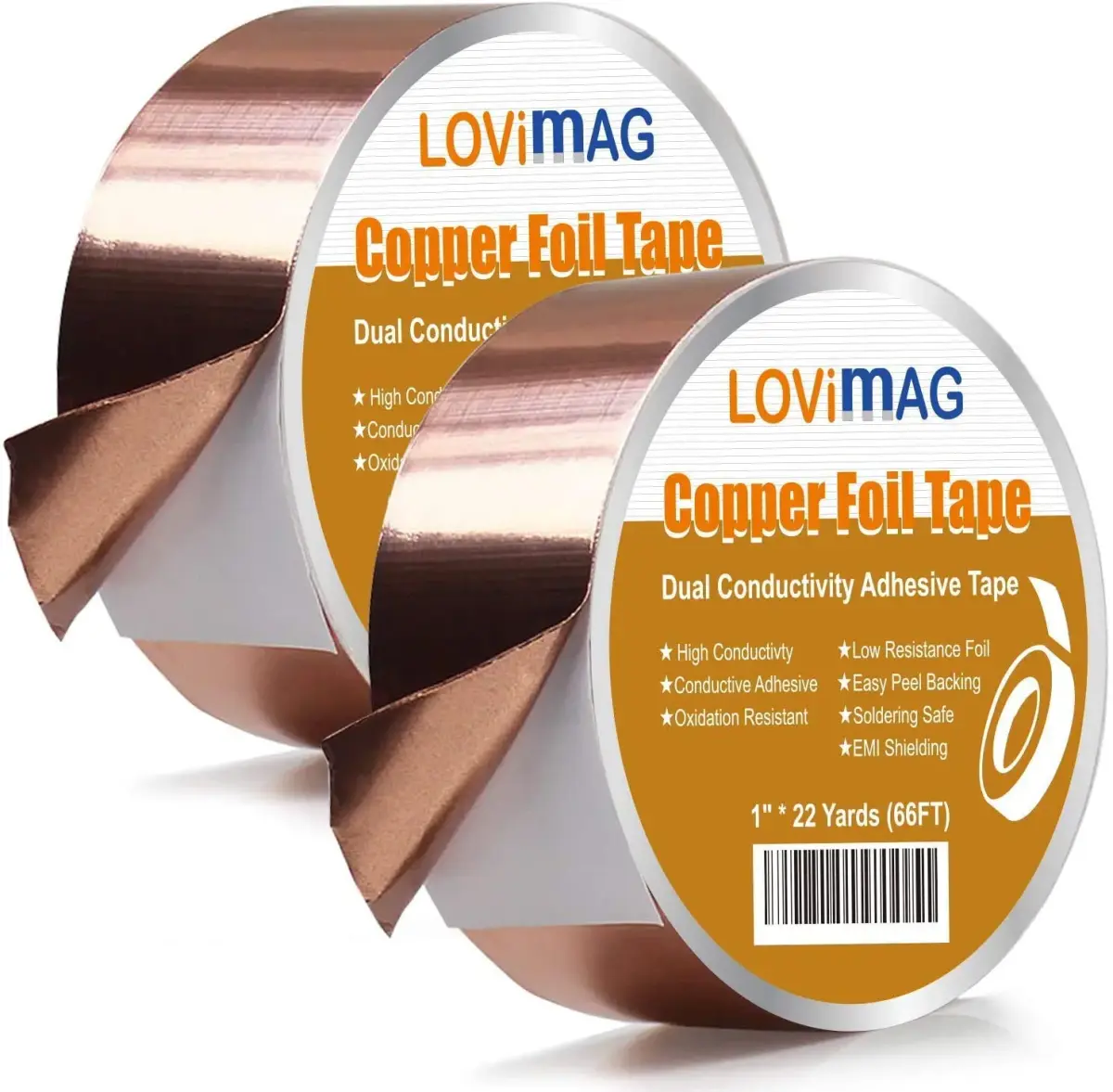LOVIMAG Copper Foil Tape 25mm x 20m (0.98in x 65.6ft) 2-Pack | Dual Conductive EMI Shielding for Electronics & Crafts - main product image