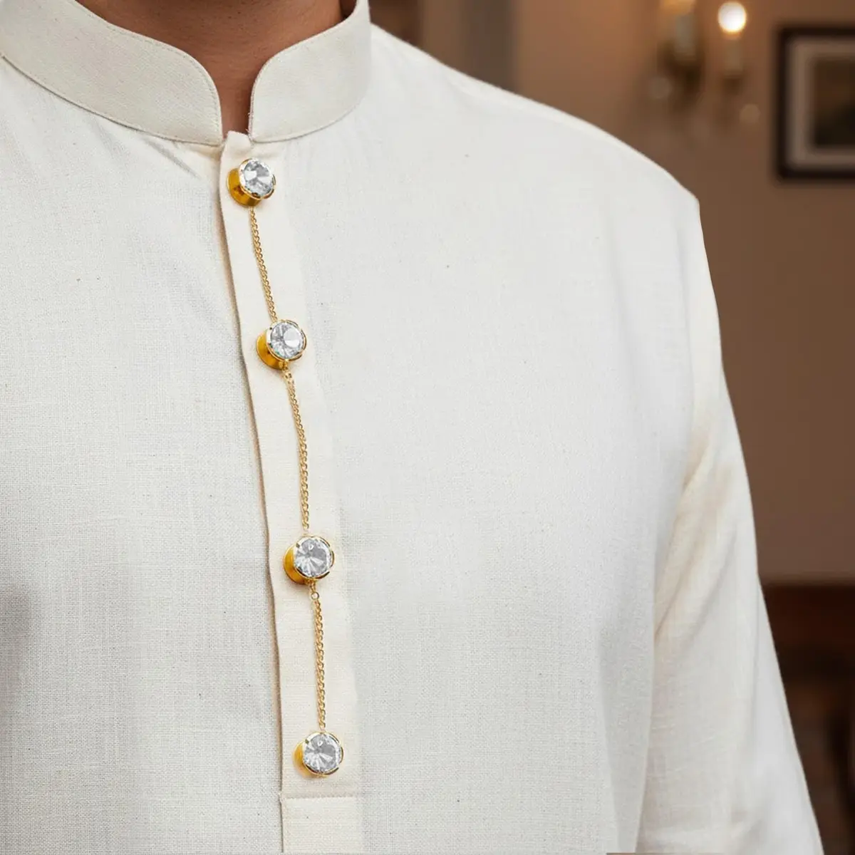 VAMA Brass White Designer Kurta Buttons with Chain for Men and Women | Festive Pearl Embellished - view 2