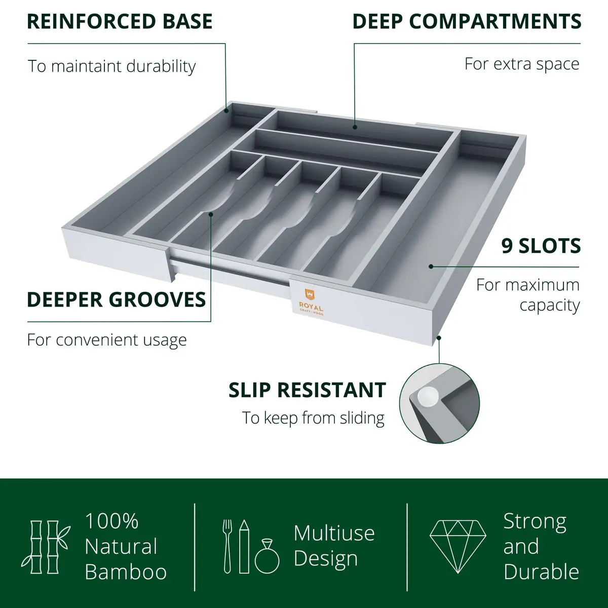 ROYAL CRAFT WOOD Luxury Bamboo Kitchen Drawer Organizer - Gray | Expandable Cutlery Tray with Grooved Dividers - view 4