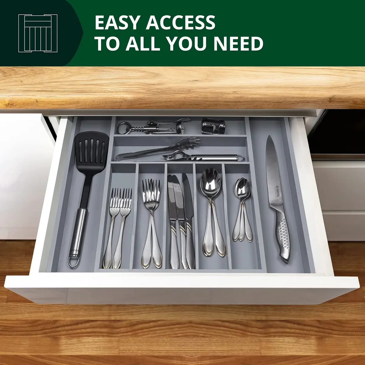 ROYAL CRAFT WOOD Luxury Bamboo Kitchen Drawer Organizer - Gray | Expandable Cutlery Tray with Grooved Dividers - view 6