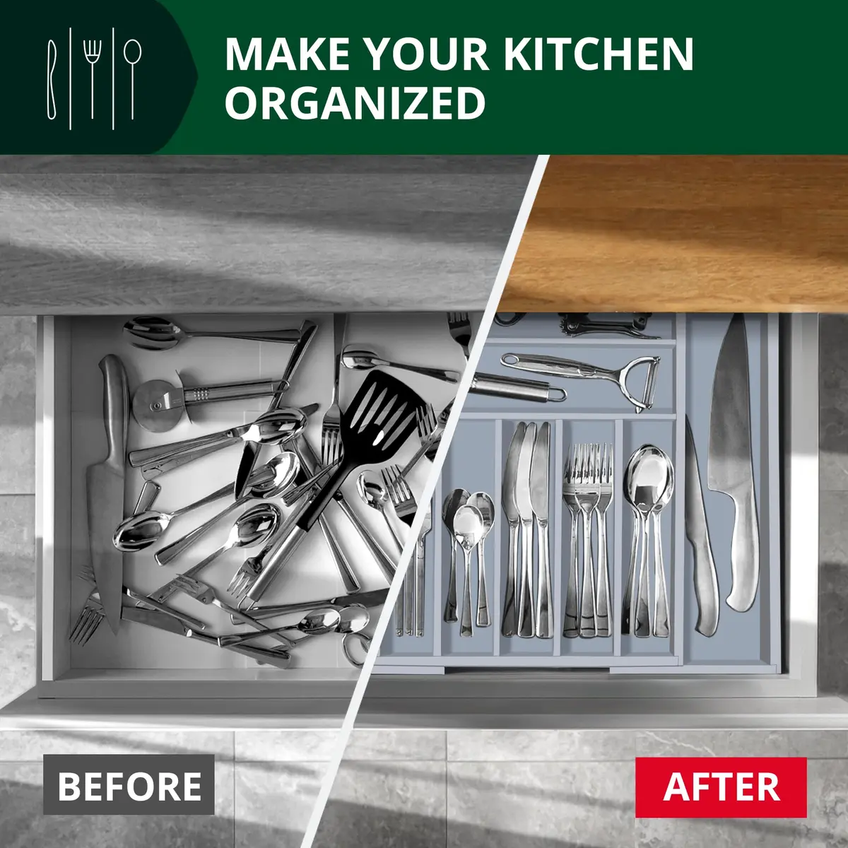 ROYAL CRAFT WOOD Luxury Bamboo Kitchen Drawer Organizer - Gray | Expandable Cutlery Tray with Grooved Dividers - view 7