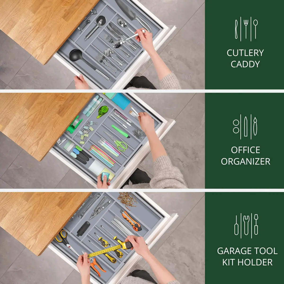 ROYAL CRAFT WOOD Luxury Bamboo Kitchen Drawer Organizer - Gray | Expandable Cutlery Tray with Grooved Dividers - view 8