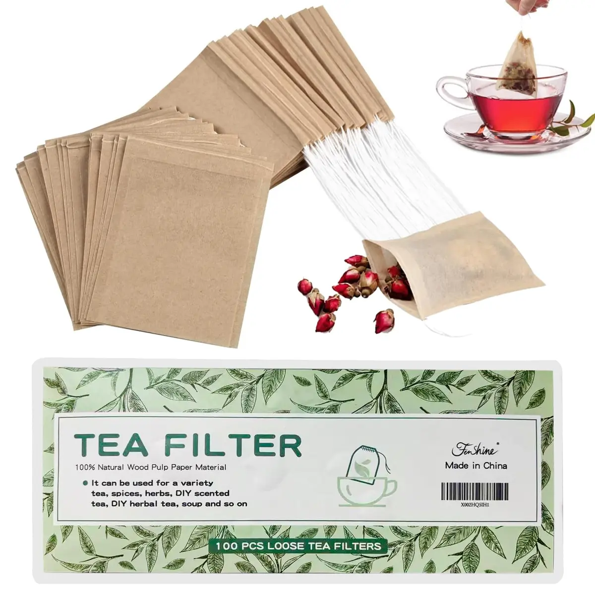 fenshine 100pcs Disposable Tea Bags for Loose Leaf Tea | Natural Wood Pulp, Unbleached, Drawstring (3.54" x 2.75") - main product image