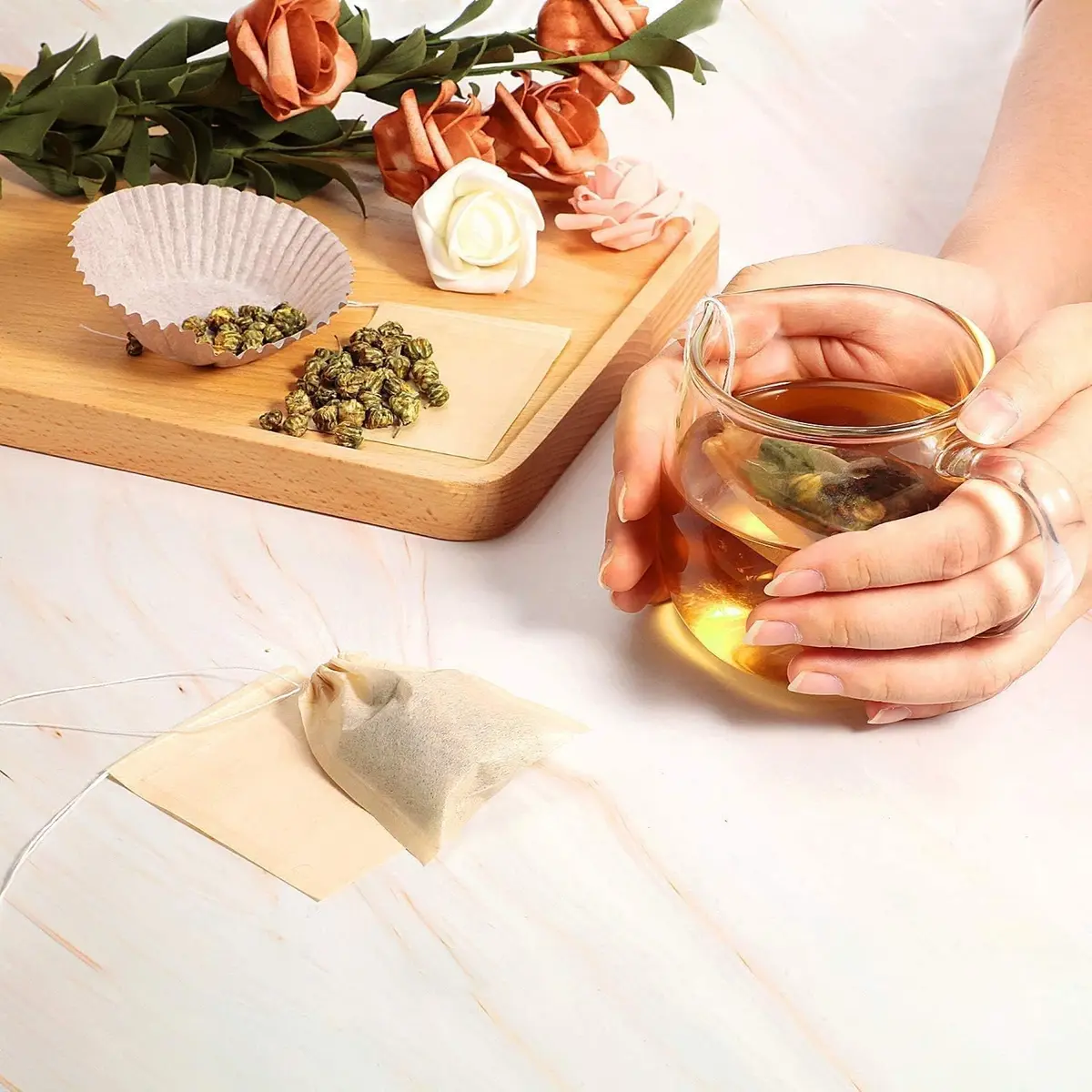 fenshine 100pcs Disposable Tea Bags for Loose Leaf Tea | Natural Wood Pulp, Unbleached, Drawstring (3.54" x 2.75") - view 7