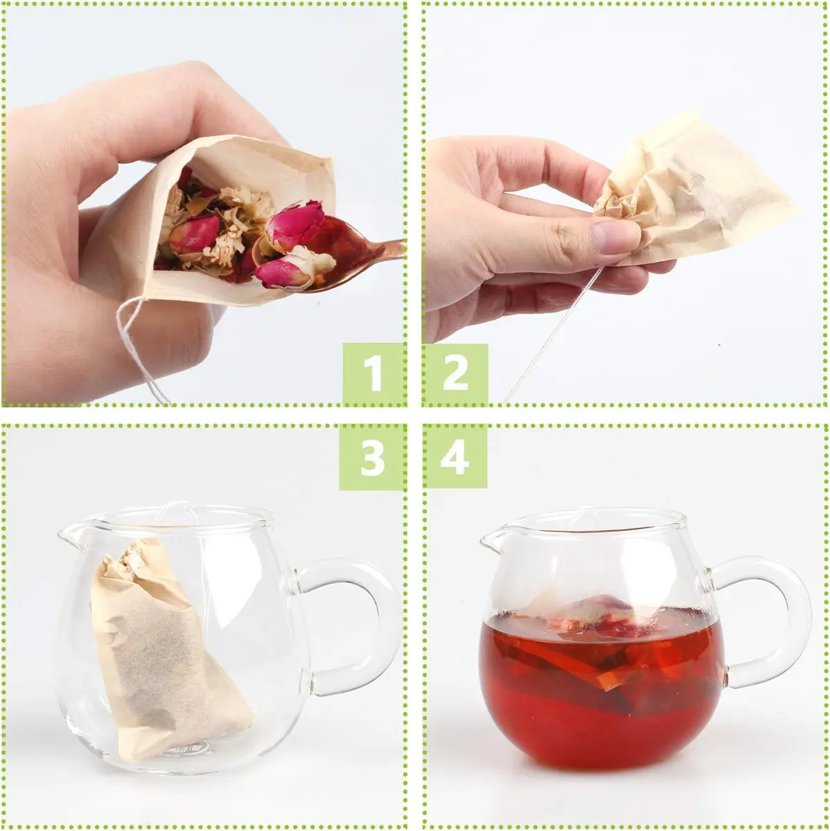 fenshine 100pcs Disposable Tea Bags for Loose Leaf Tea | Natural Wood Pulp, Unbleached, Drawstring (3.54" x 2.75") - view 4