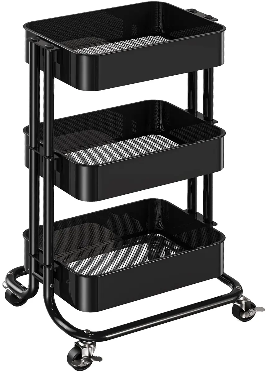 Pipishell 3 Tier Metal Rolling Utility Cart with 2 Lockable Wheels, Black | Extra Storage & Mobility - main product image