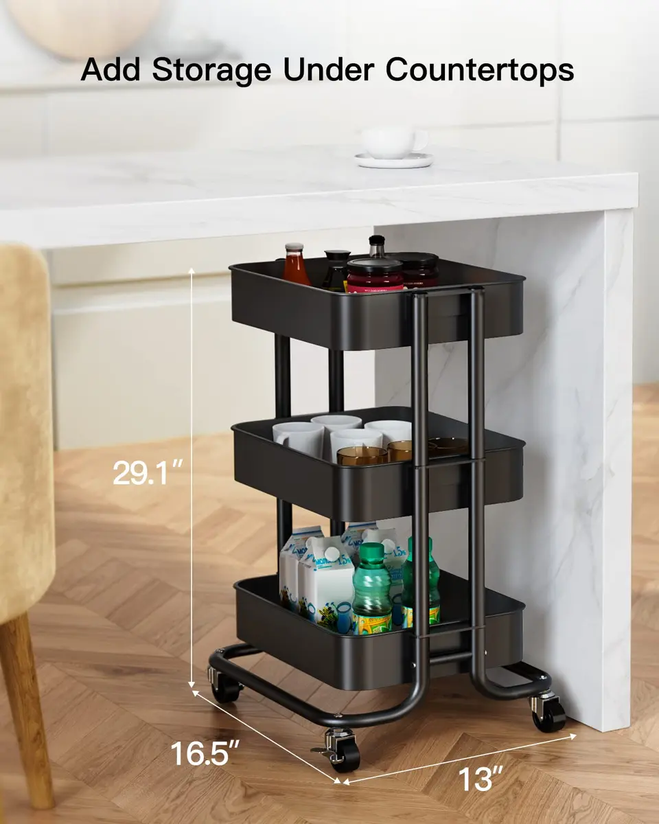 Pipishell 3 Tier Metal Rolling Utility Cart with 2 Lockable Wheels, Black | Extra Storage & Mobility - view 5