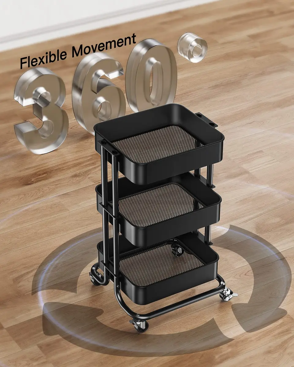 Pipishell 3 Tier Metal Rolling Utility Cart with 2 Lockable Wheels, Black | Extra Storage & Mobility - view 7