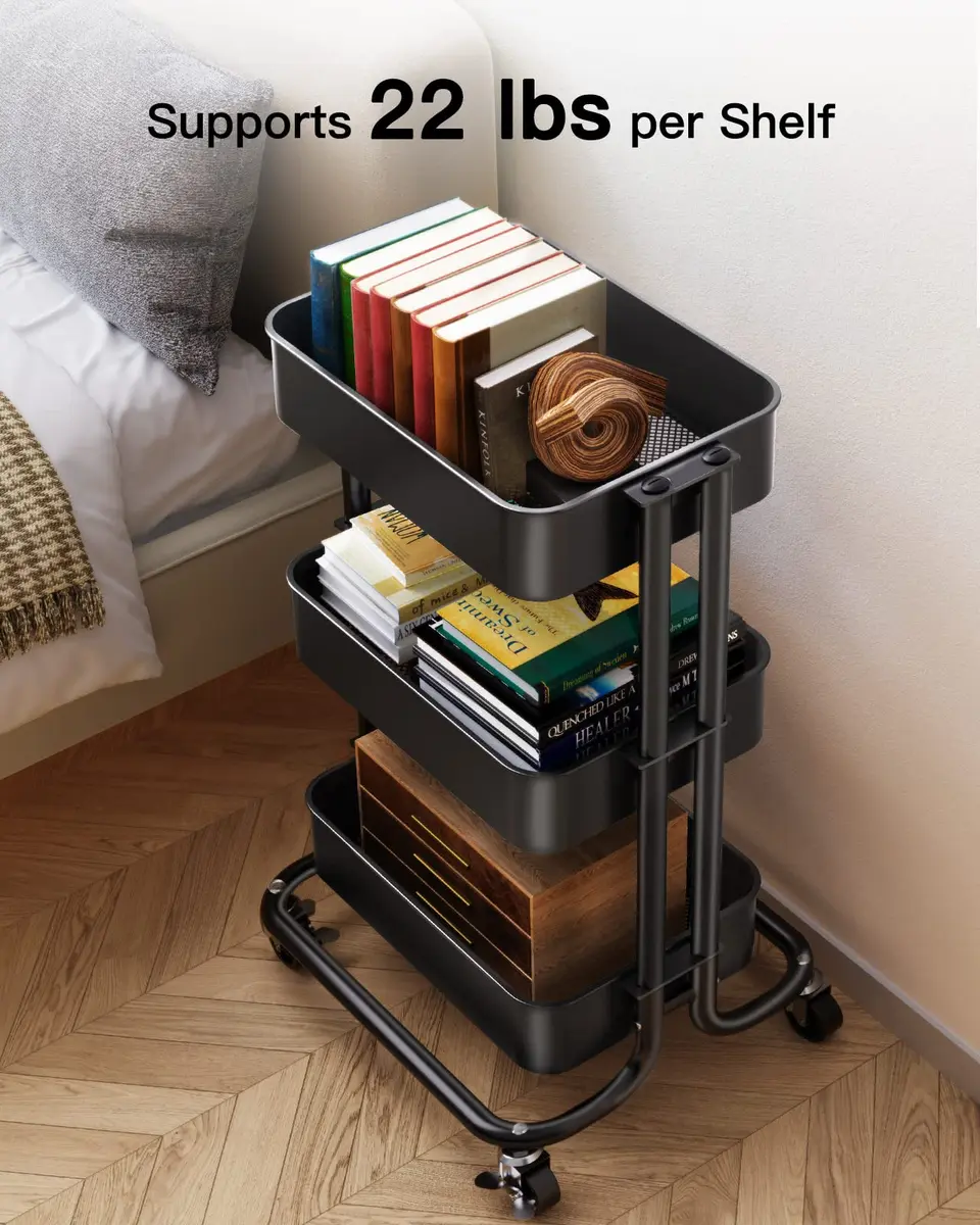 Pipishell 3 Tier Metal Rolling Utility Cart with 2 Lockable Wheels, Black | Extra Storage & Mobility - view 3