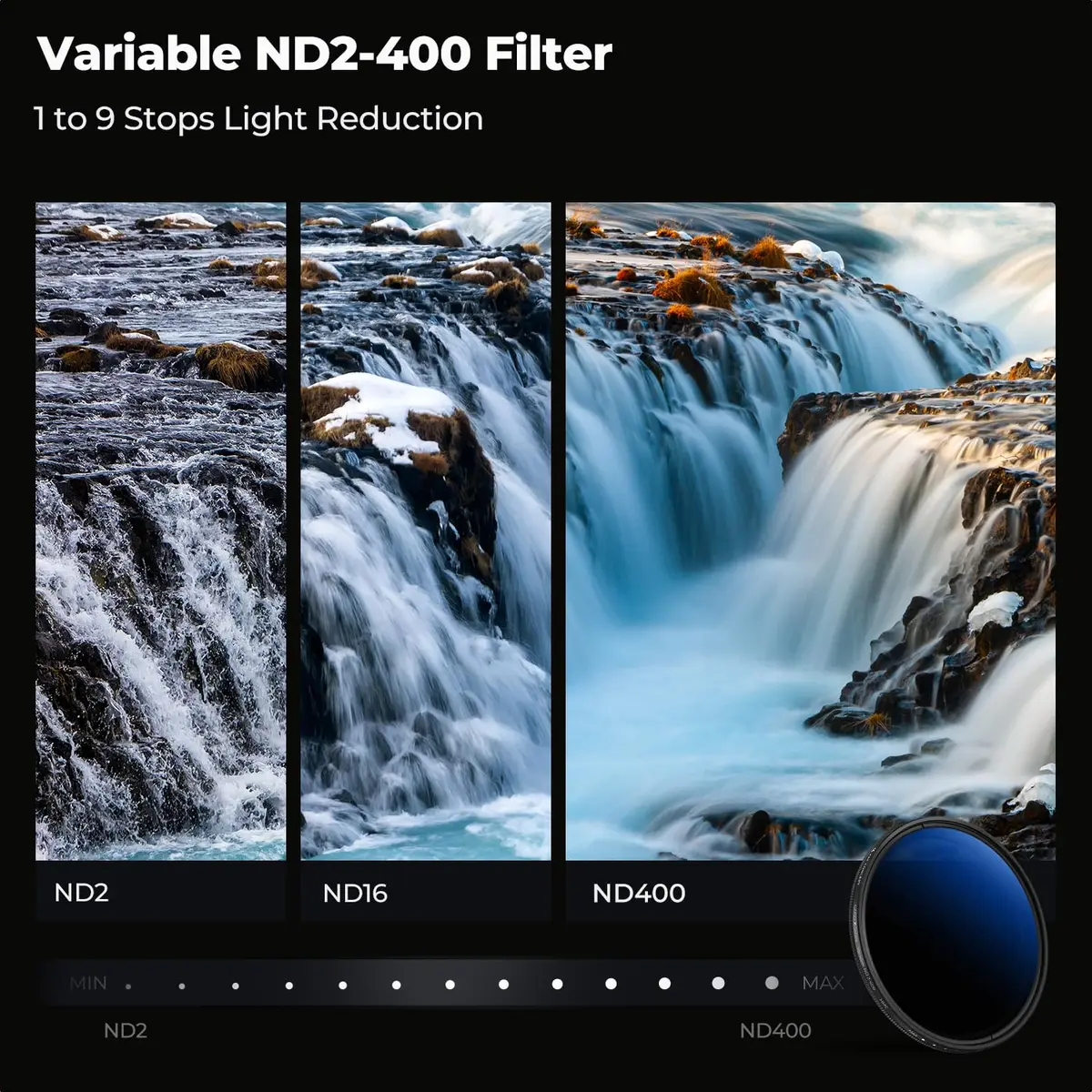 K&F CONCEPT 58mm Variable ND Lens Filter ND2-ND400 (1-9 Stops) Ultra Slim | Multi-Layer Coating for Precise Light Control - view 3