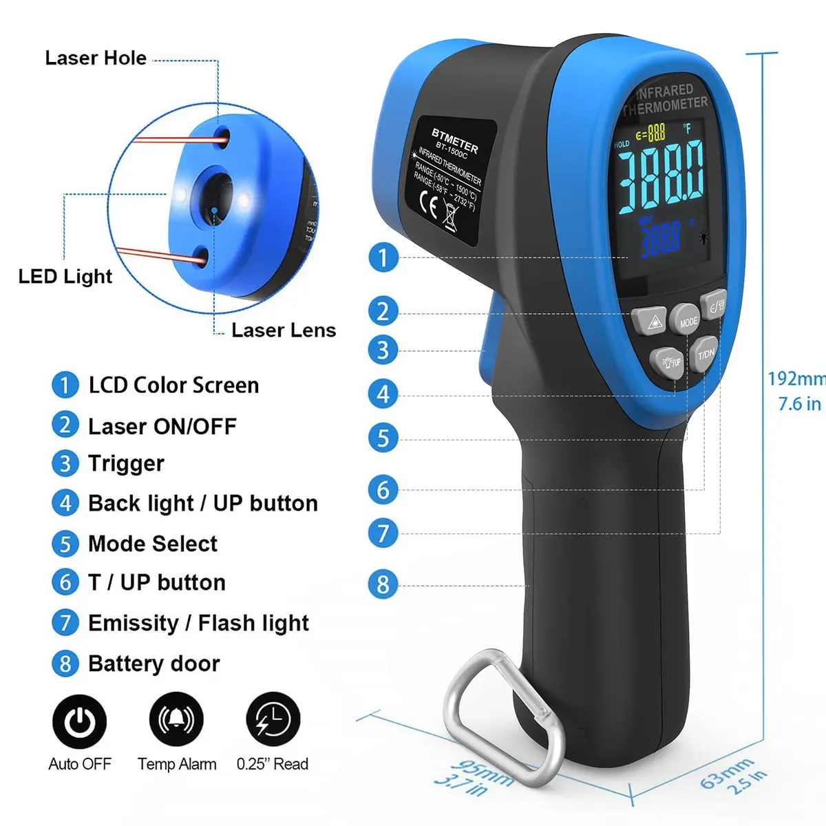 BTMETER BT-1500C Infrared Thermometer -58℉ to 2732℉ | Non Contact Laser IR Gun - view 5