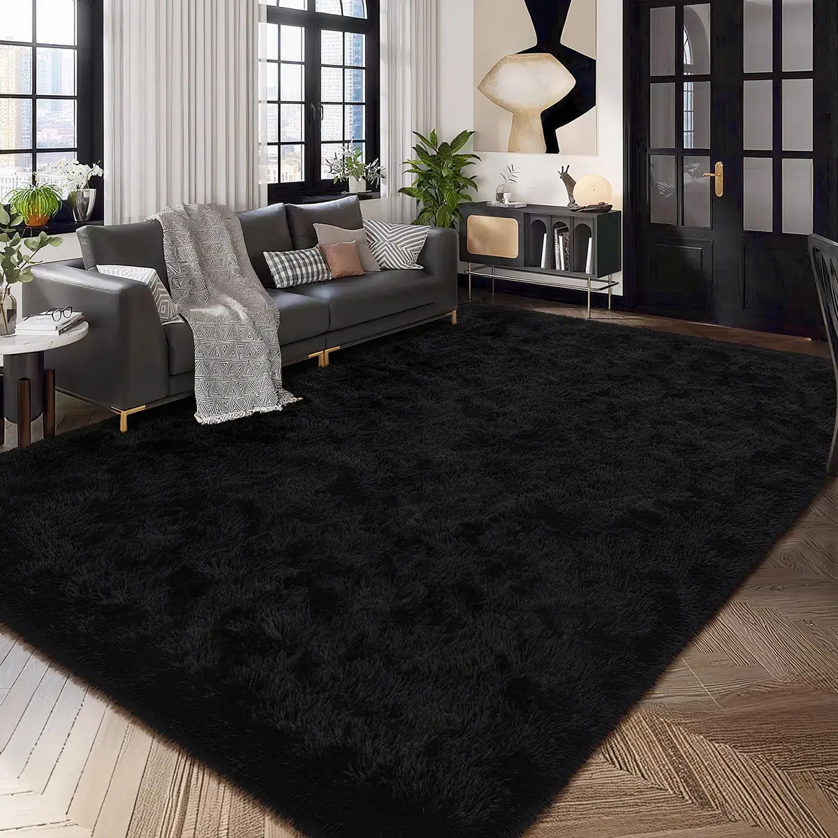 HOMORE Black Rug for Bedroom 4x6 | Fluffy Non Slip Area Rug for Kids Room - view 3