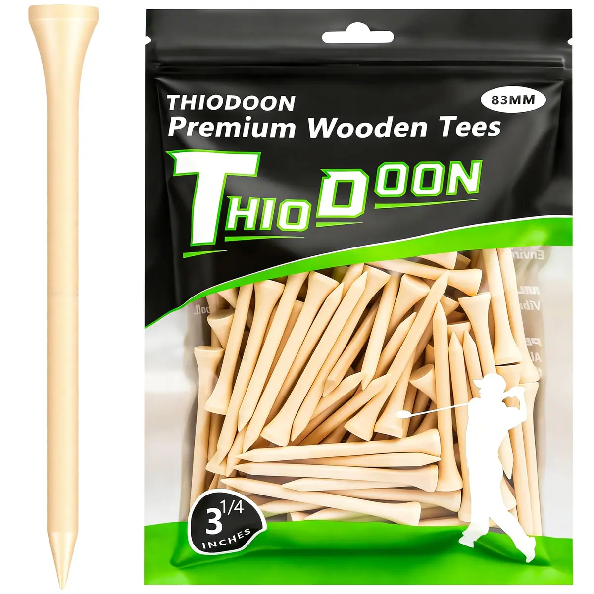 THIODOON Golf Tees 3 1/4 inch | Natural Hardwood, Less Friction, Bulk 100 Count - main product image