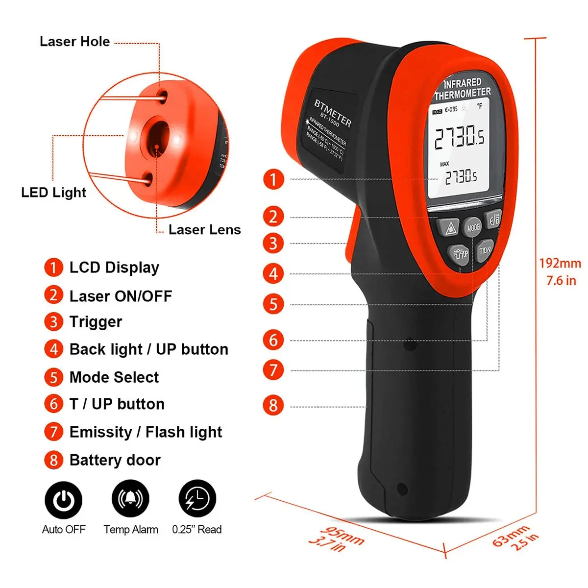 BTMETER BT-1500 Pyrometer -58℉ to 2732℉ Infrared Laser Thermometer Gun for Industrial & Automotive Use - view 8