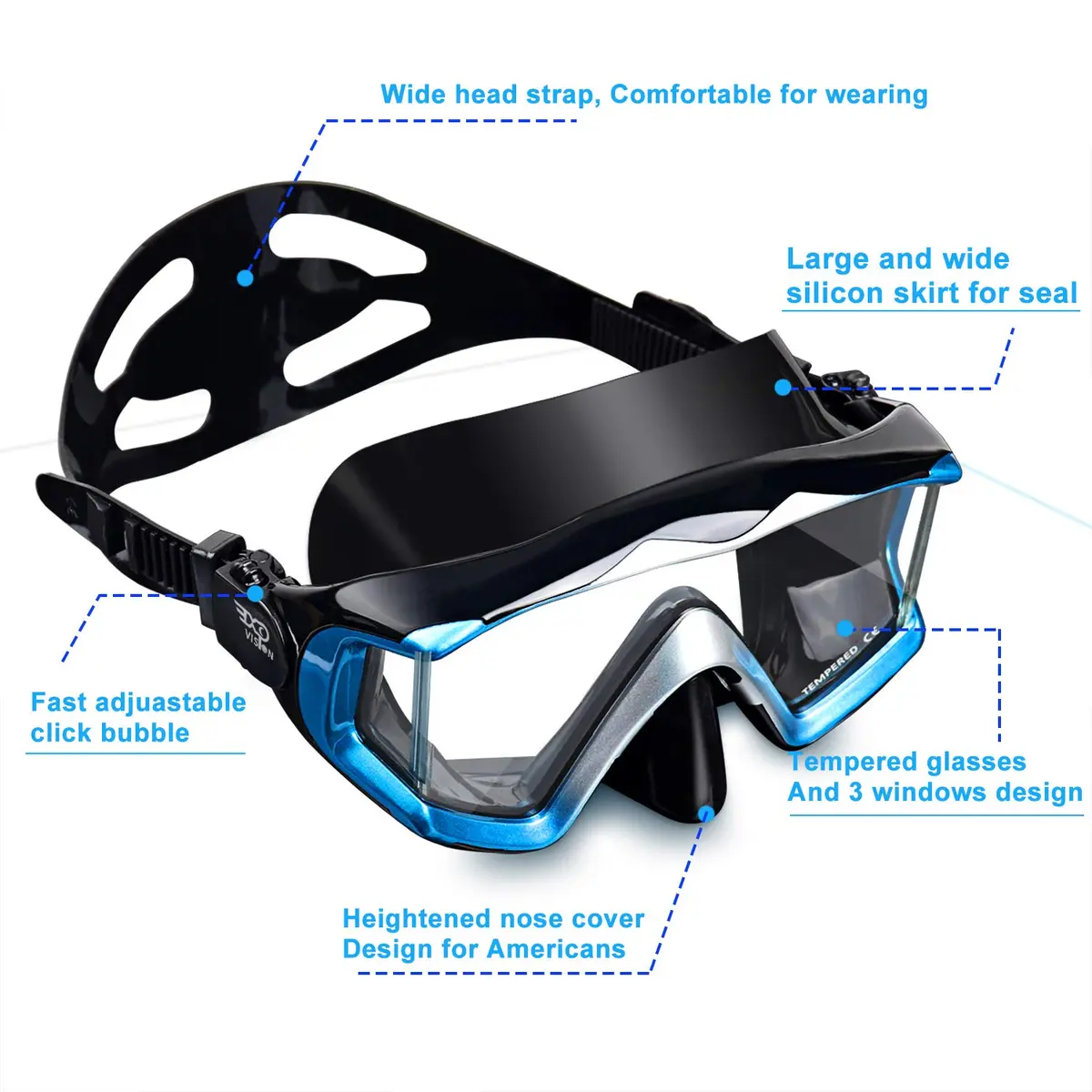 EXP VISION Pano 3 Panoramic View Dive Mask, Tempered Glass Lens Scuba Snorkeling Mask 280g (9.9 oz) | Wide View for Freediving - view 3