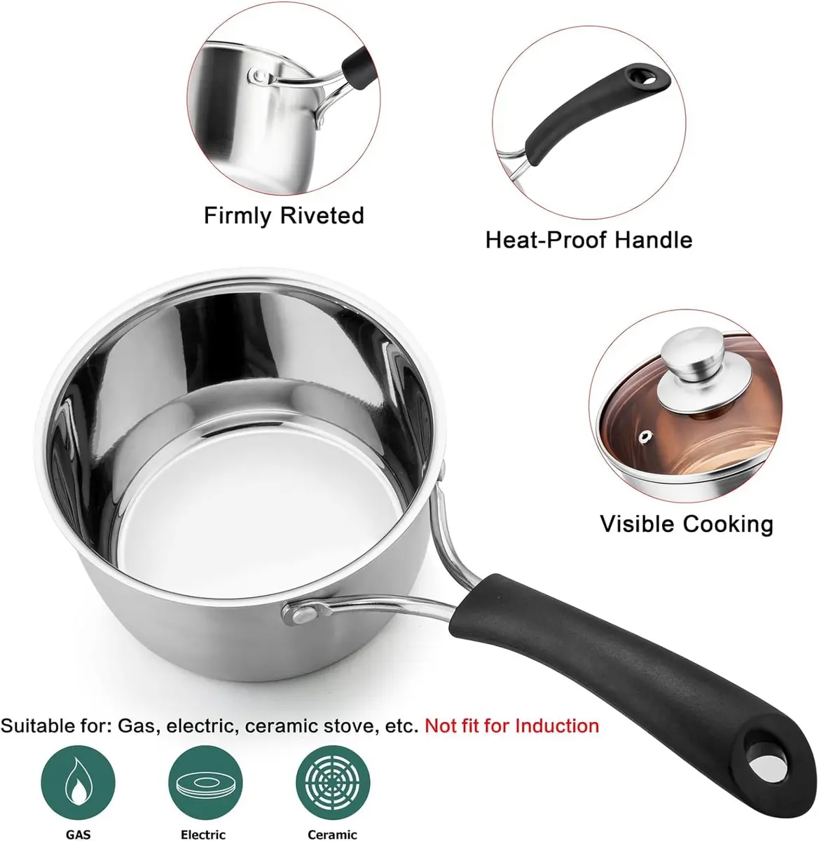 TeamFar 2 Quart Stainless Steel Saucepan with Lid | 1.89 L (2 qt) Milk Pot for Small Batches - view 2