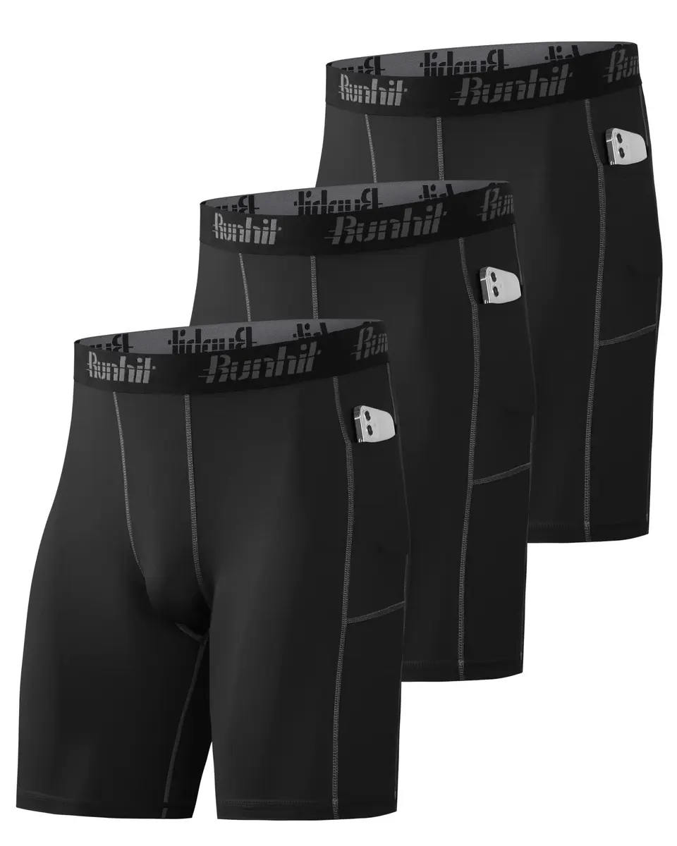 Runhit Men's Compression Shorts with Pockets 3 Pack | Moisture-Wicking, Flatlock Stitching, Elastic Waistband (X-Large) - main product image