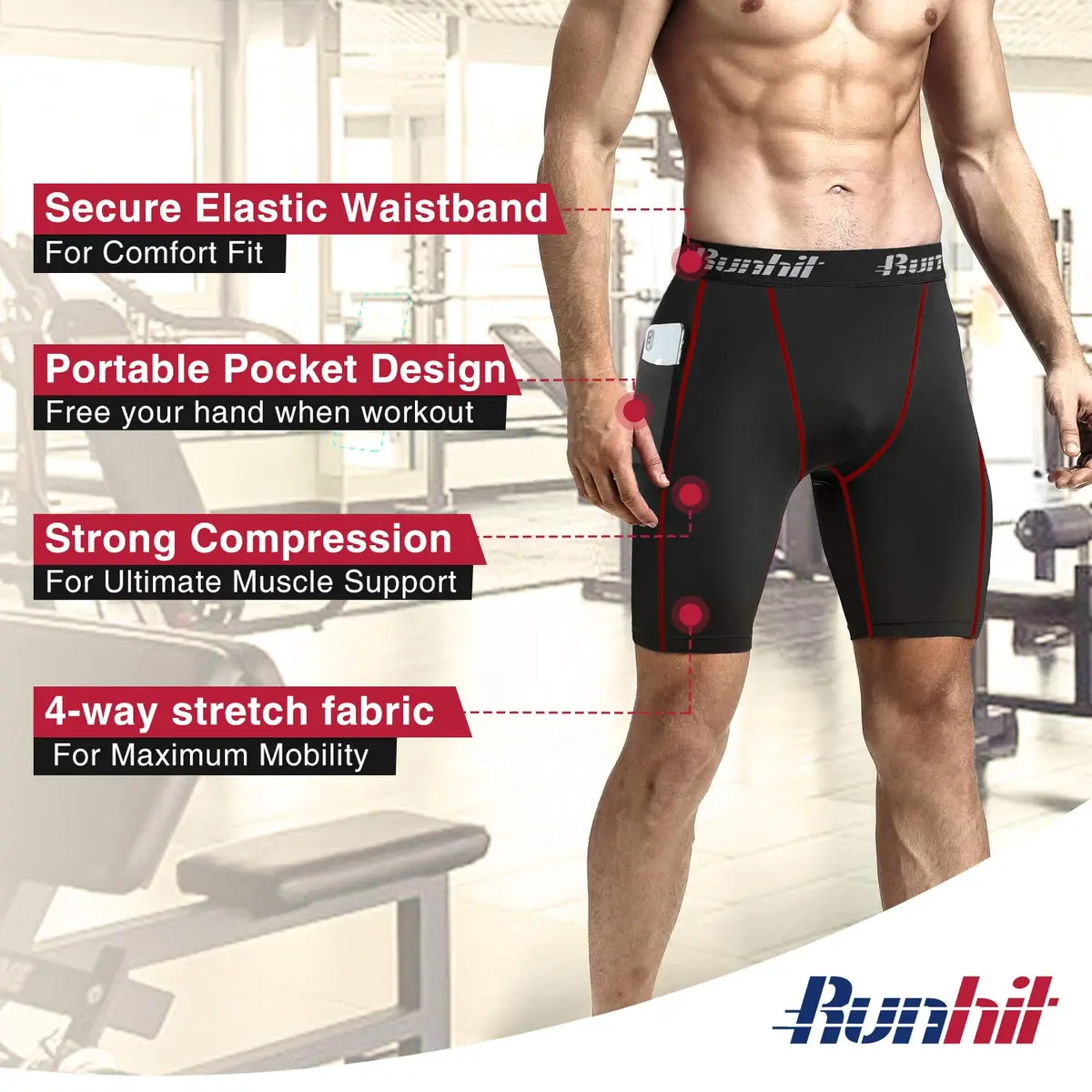 Runhit Men's Compression Shorts with Pockets 3 Pack | Moisture-Wicking, Flatlock Stitching, Elastic Waistband (X-Large) - view 6