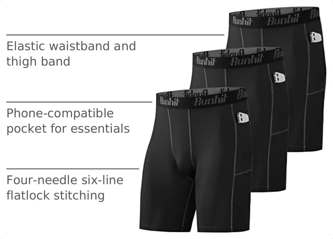 Runhit Men's Compression Shorts with Pockets 3 Pack | Moisture-Wicking, Flatlock Stitching, Elastic Waistband (X-Large) - view 3