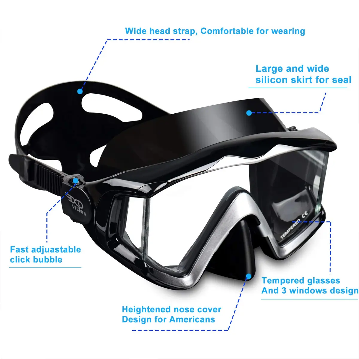 EXP VISION Pano 3 Window Scuba Diving Mask, Tempered Glass Snorkel Mask 260 ml (0.26 kg) | Wide View Anti-Fog Swim Mask - view 3