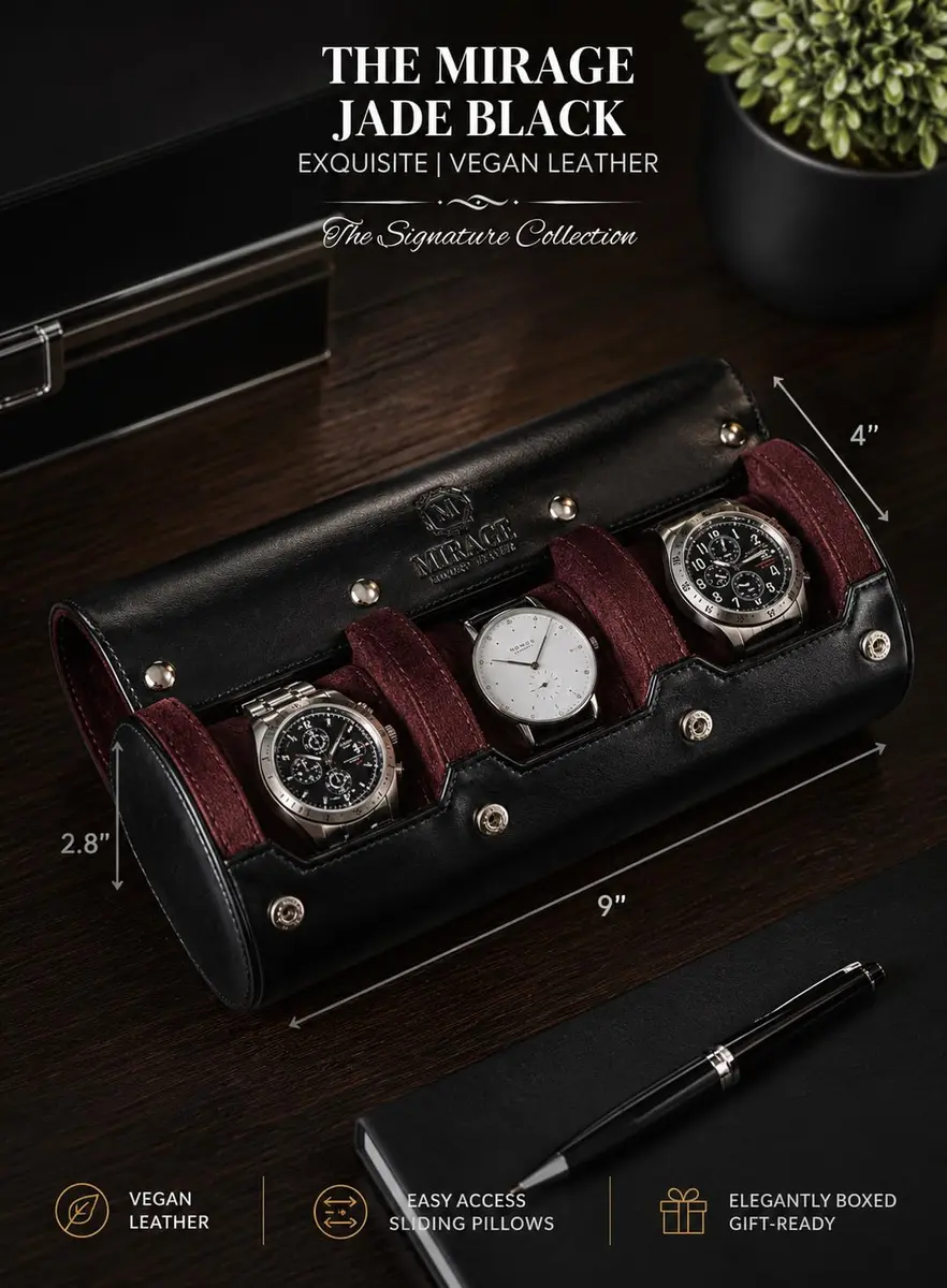 M Mirage Luxury Travel Watch Roll Case for Men, 3-Slot Watch Organizer & Display | Black Leather - view 5