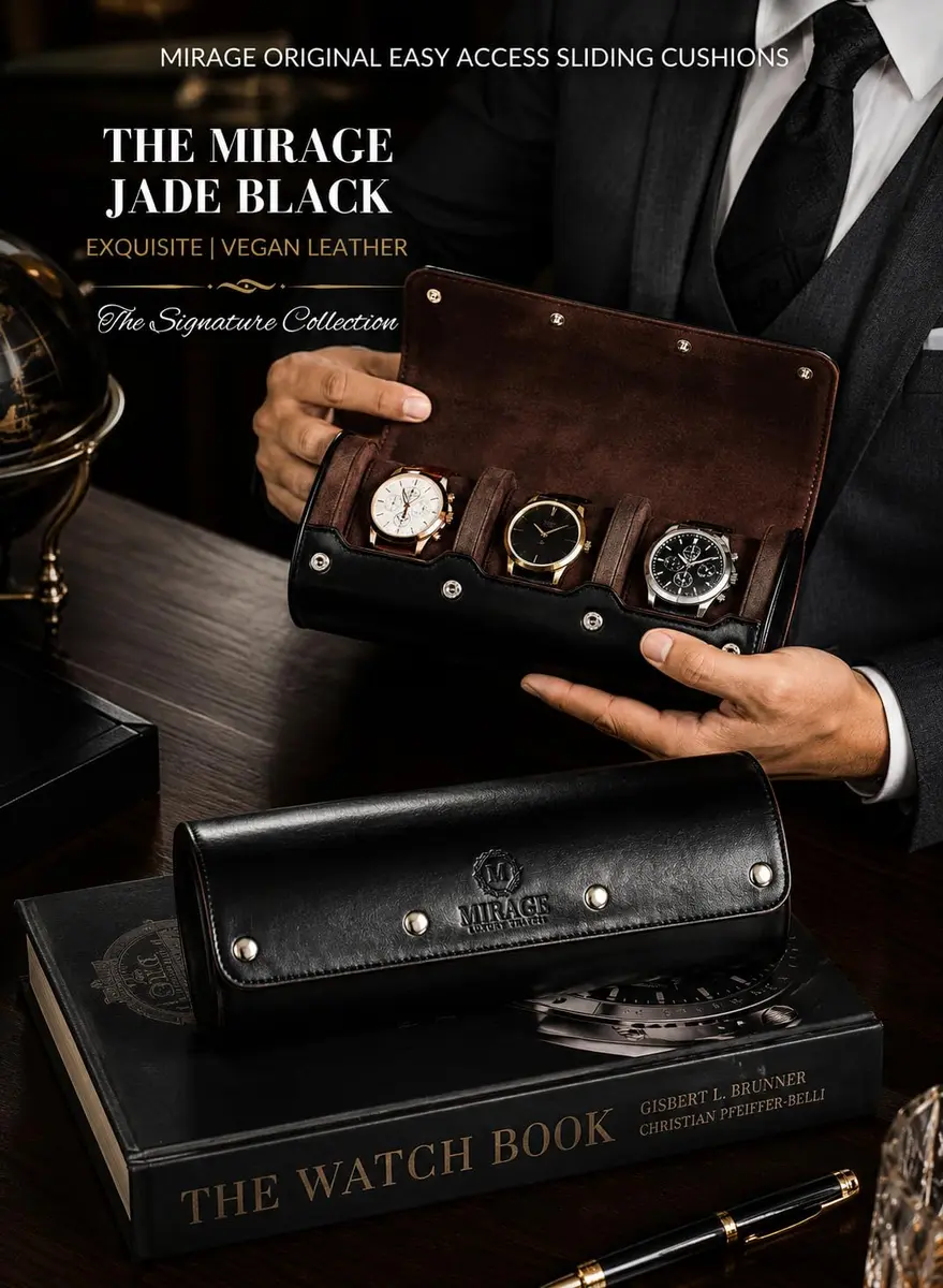M Mirage Luxury Travel Watch Roll Case for Men, 3-Slot Watch Organizer & Display | Black Leather - view 6