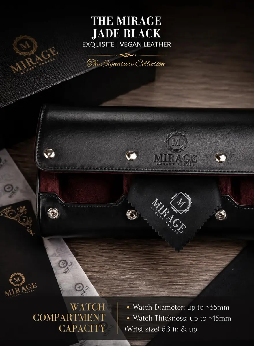 M Mirage Luxury Travel Watch Roll Case for Men, 3-Slot Watch Organizer & Display | Black Leather - view 7