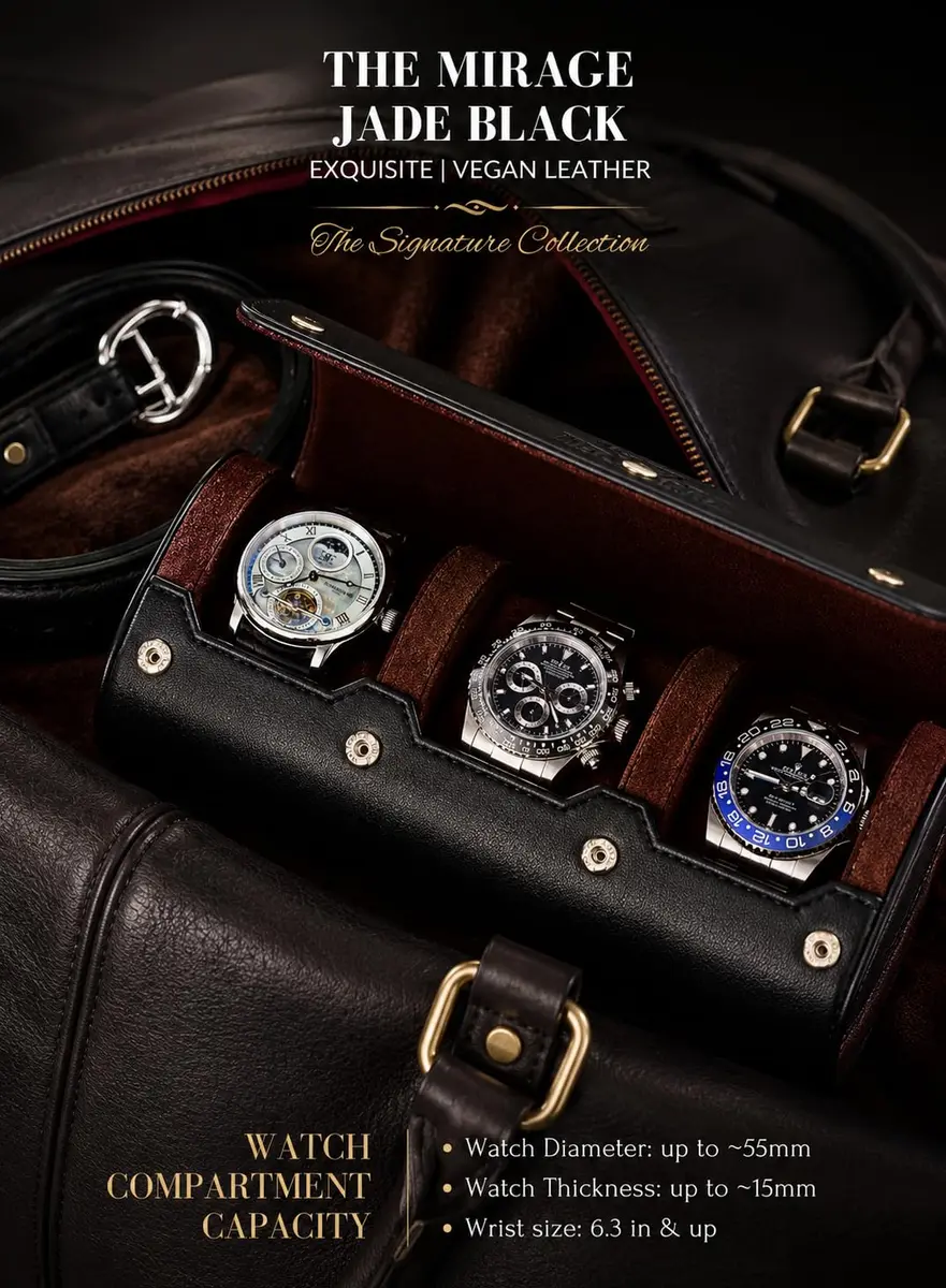M Mirage Luxury Travel Watch Roll Case for Men, 3-Slot Watch Organizer & Display | Black Leather - view 2