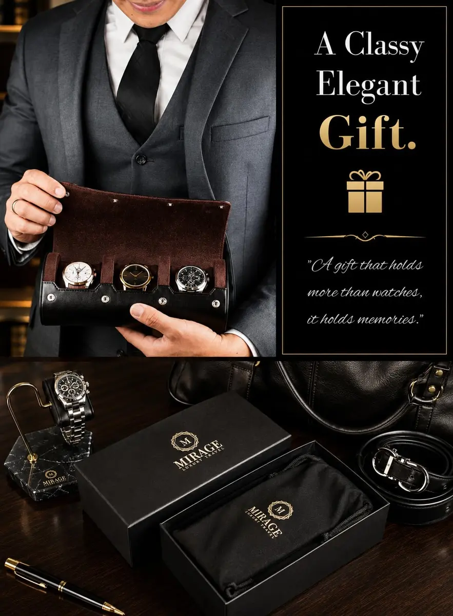 M Mirage Luxury Travel Watch Roll Case for Men, 3-Slot Watch Organizer & Display | Black Leather - view 4