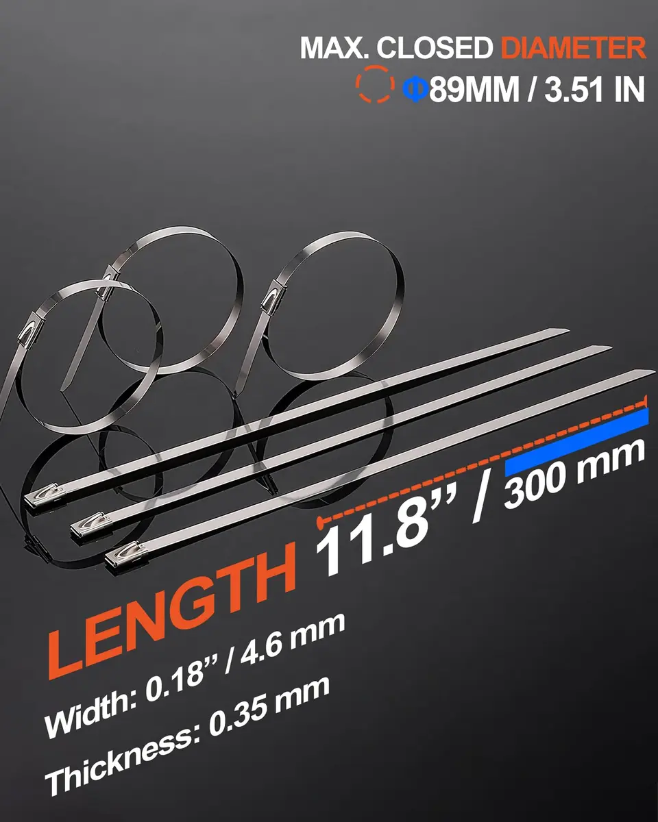ZOOSUNX Metal Zip Ties 11.8 Inch | Heavy Duty Stainless Steel, 198 lbs Tensile Strength, Heat Resistant - for Auto & Industrial Use - view 2