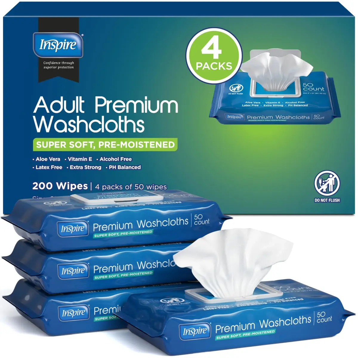 Inspire Adult Wet Wipes, Wash Cloths 200 Count | Hypoallergenic, Alcohol-Free, pH Balanced for Sensitive Skin - main product image