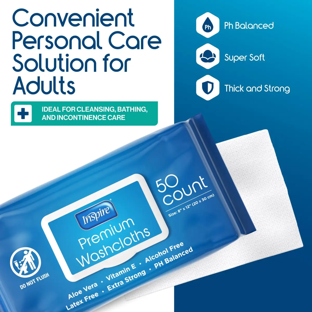 Inspire Adult Wet Wipes, Wash Cloths 200 Count | Hypoallergenic, Alcohol-Free, pH Balanced for Sensitive Skin - view 2