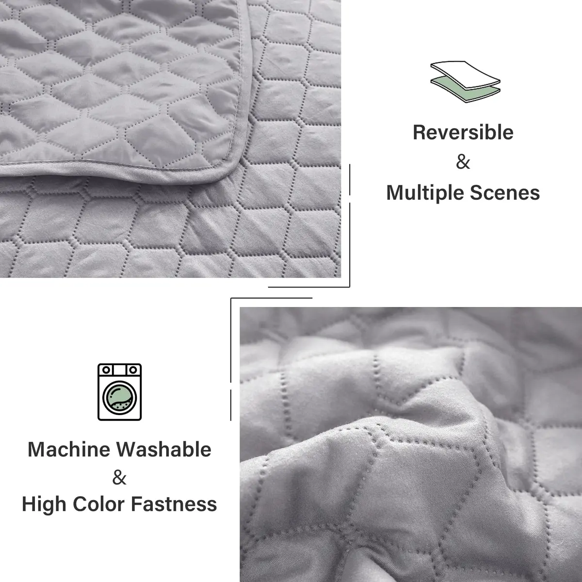 Exclusivo Mezcla Reversible Full Queen Quilt Bedding Set Light Grey | Lightweight Breathable All-Season Bed Coverlet with 2 Shams (220 x 240 cm / 86 x 96 Inch) - view 6