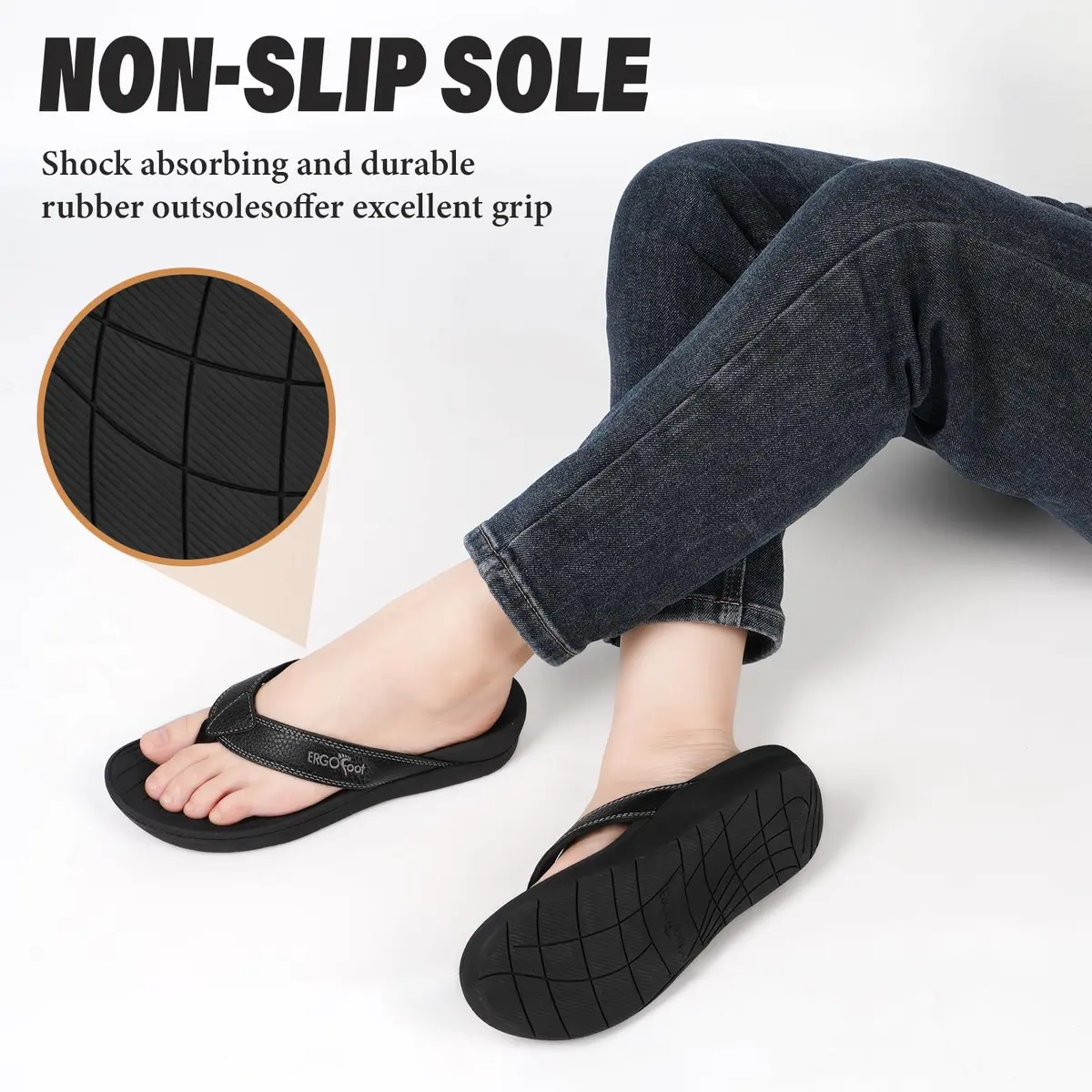 ERGOfoot Orthotic Flip Flops with Arch Support for Men Women Black 3cm (0.12in) Heel | Supportive Footwear for Plantar Fasciitis and Flat Feet - view 5