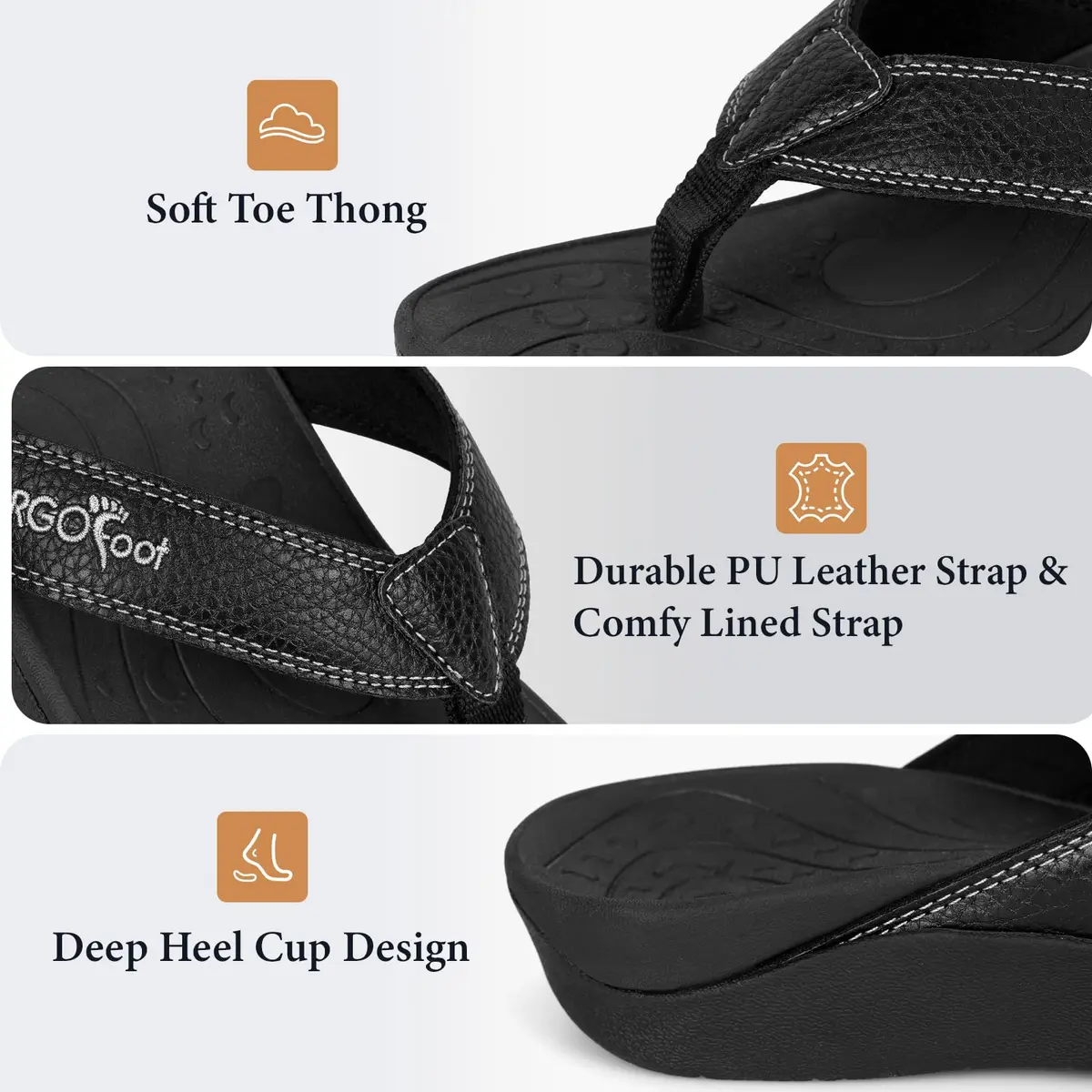 ERGOfoot Orthotic Flip Flops with Arch Support for Men Women Black 3cm (0.12in) Heel | Supportive Footwear for Plantar Fasciitis and Flat Feet - view 4