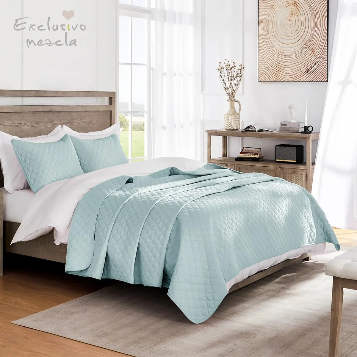 Exclusivo Mezcla Reversible Full Queen Quilt Bedding Set Light Blue | Lightweight Bedspreads with 2 Pillow Shams, Soft Microfiber, All Season Bed Coverlets for Bedroom Guest Room, 90x96 Inch - view 2