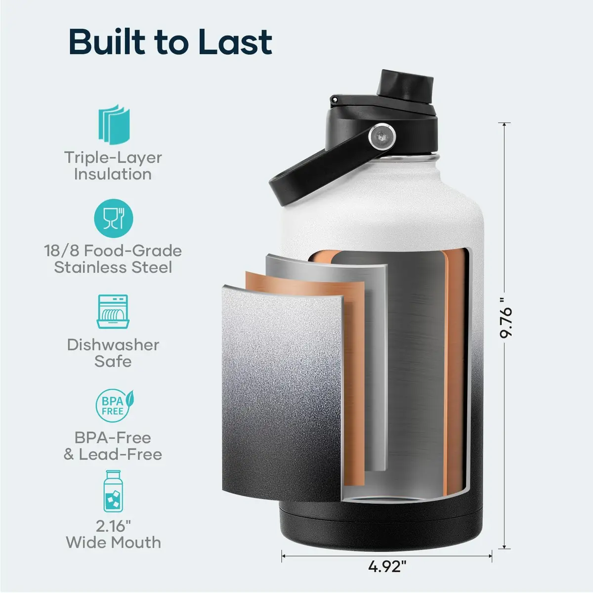 BUZIO 64 oz Insulated Stainless Steel Water Bottle with Dust-proof Lids | Keeps Cold 48H & Hot 24H | BPA-Free - view 4