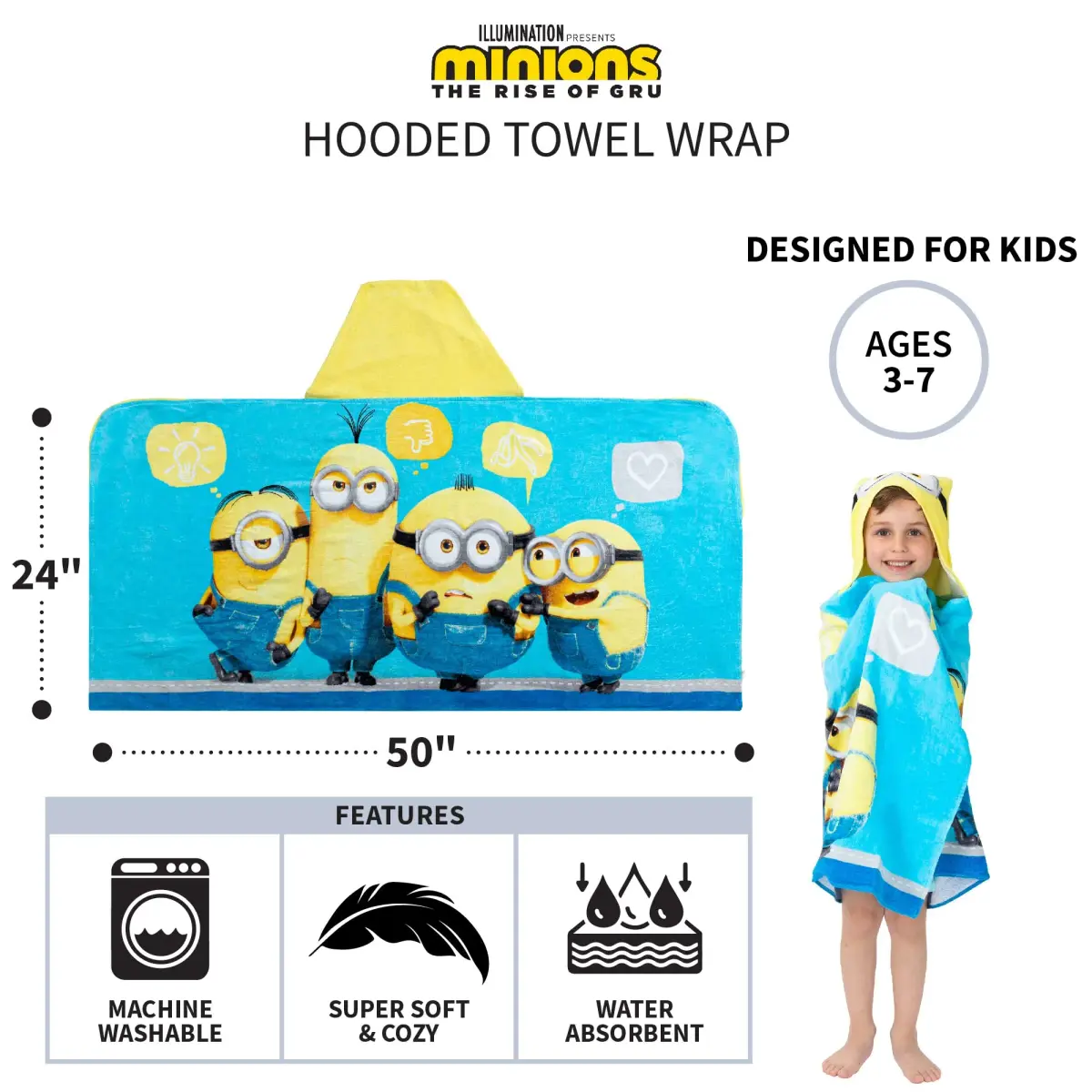 Franco Despicable Me Minions Hooded Towel Wrap 64cm x 127cm | Fun Cartoon Character for Kids - view 5