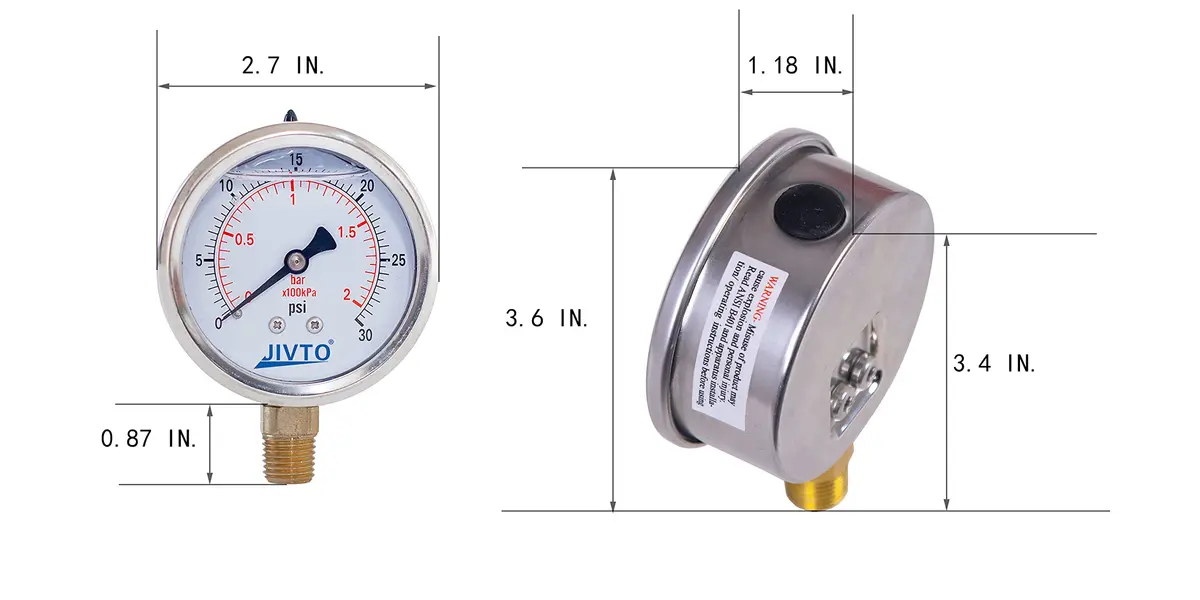 JIVTO Pressure Gauge Glycerin Liquid Filled 2.5" | Precise & Durable for Industrial Use - view 5