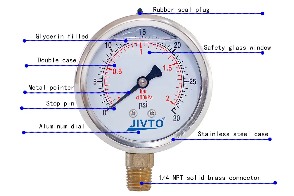 JIVTO Pressure Gauge Glycerin Liquid Filled 2.5" | Precise & Durable for Industrial Use - view 6