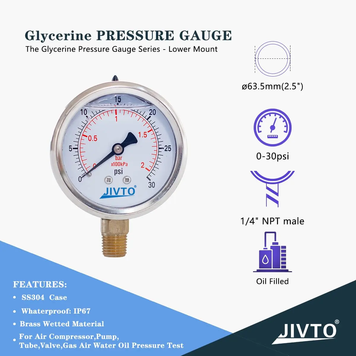 JIVTO Pressure Gauge Glycerin Liquid Filled 2.5" | Precise & Durable for Industrial Use - view 2