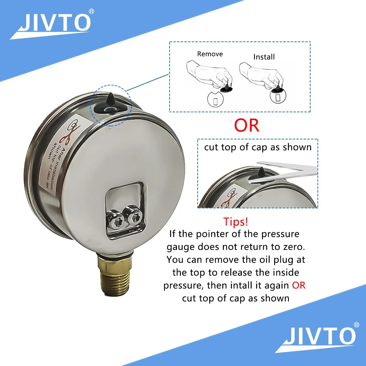JIVTO Pressure Gauge Glycerin Liquid Filled 2.5" | Precise & Durable for Industrial Use - view 3