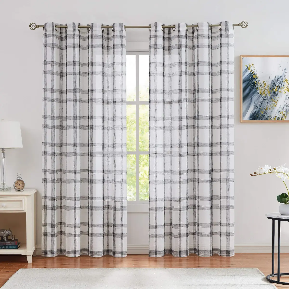 Randall Farmhouse Buffalo Check Semi-Sheer Curtain Panels 137cm x 213cm (54"W x 84"L) | Rustic Linen-Blend Light Filtering - main product image