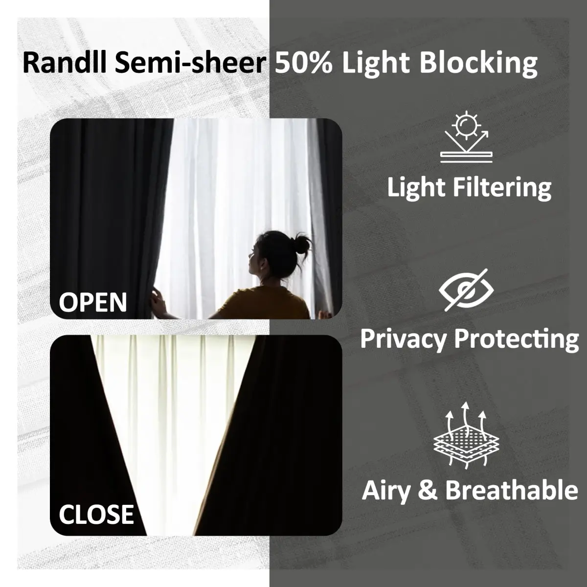 Randall Farmhouse Buffalo Check Semi-Sheer Curtain Panels 137cm x 213cm (54"W x 84"L) | Rustic Linen-Blend Light Filtering - view 2