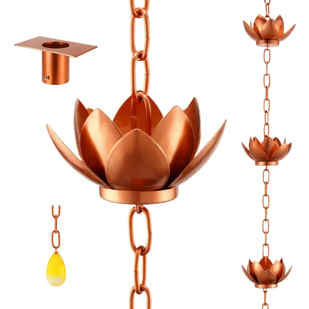 Oak Leaf Lotus Rain Chain 2.59m (8.5ft) with Adapter | Copper Powder Coated Decorative Gutter Downspout Alternative - main product image