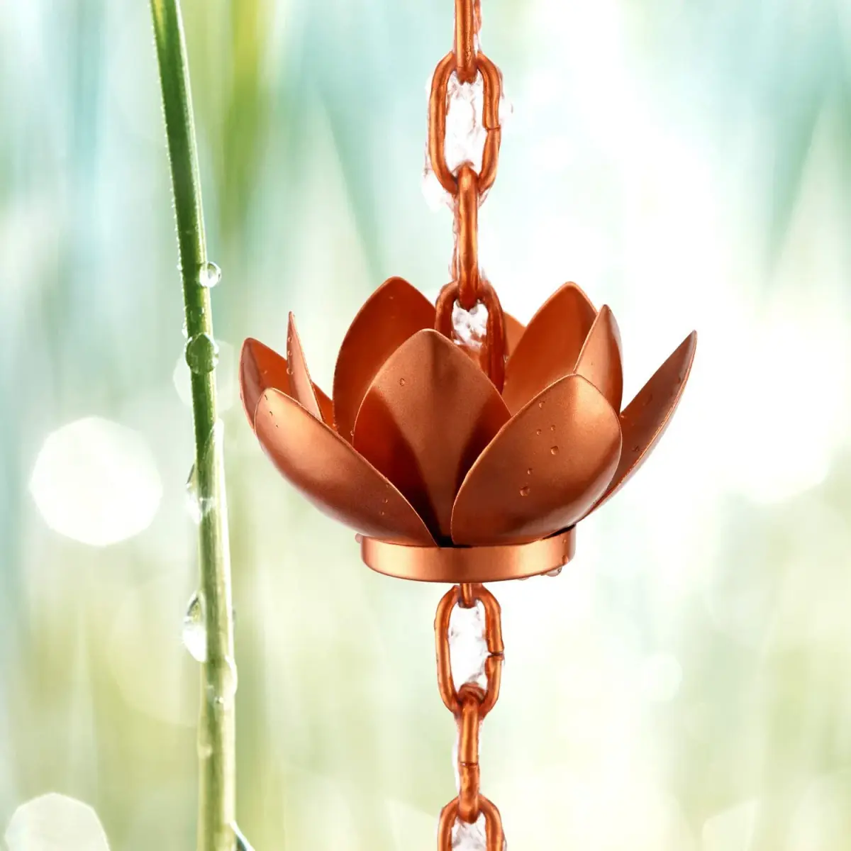 Oak Leaf Lotus Rain Chain 2.59m (8.5ft) with Adapter | Copper Powder Coated Decorative Gutter Downspout Alternative - view 6