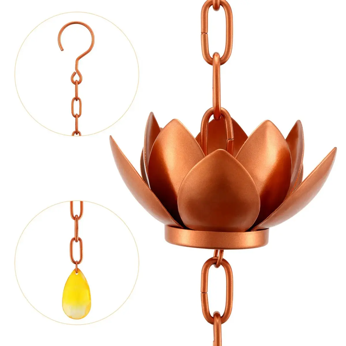 Oak Leaf Lotus Rain Chain 2.59m (8.5ft) with Adapter | Copper Powder Coated Decorative Gutter Downspout Alternative - view 7