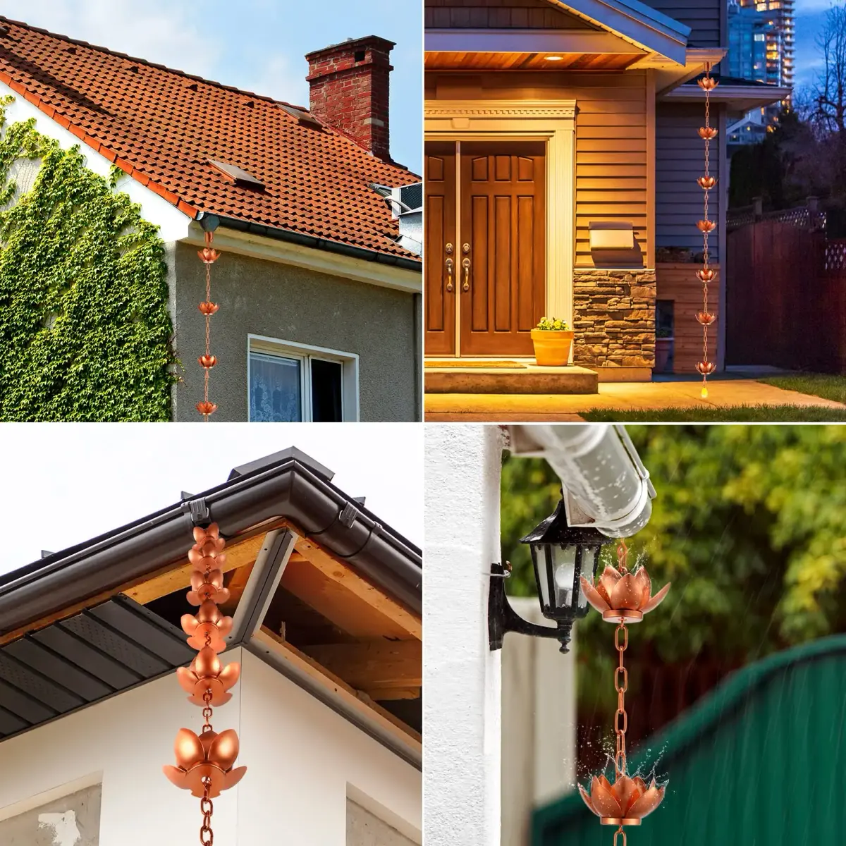Oak Leaf Lotus Rain Chain 2.59m (8.5ft) with Adapter | Copper Powder Coated Decorative Gutter Downspout Alternative - view 2