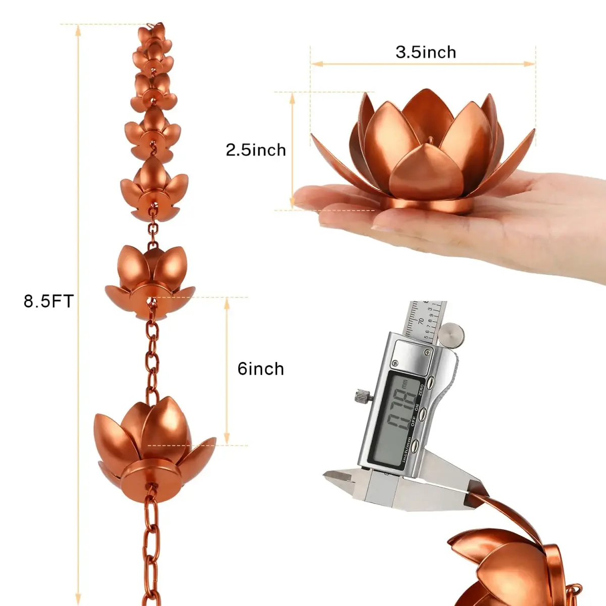 Oak Leaf Lotus Rain Chain 2.59m (8.5ft) with Adapter | Copper Powder Coated Decorative Gutter Downspout Alternative - view 3